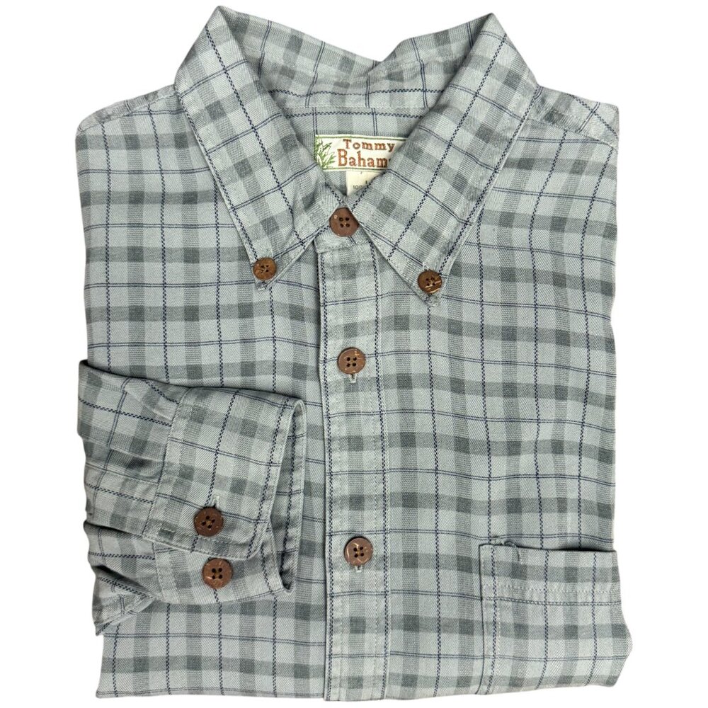 EUC Men's TOMMY BAHAMA Silk Long Sleeve Shirt Sage Plaid | Size L